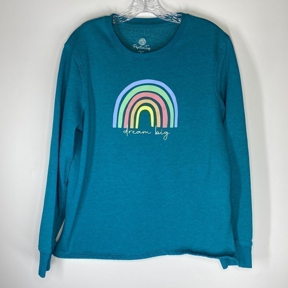 Positive Tees Dream Big Blue Rainbow Crewneck Sweatshirt Size Medium